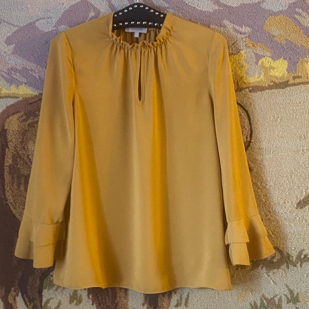 Hobbs London Sz US 2 Womens Blouse 3/4 Ruffle Sleeve Ruffle Neck Mustarg Yellow